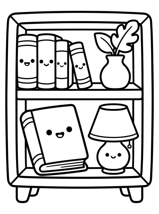 Cute Kawaii Bookshelf para colorir Desenho de Cute Kawaii Bookshelf para colorir e imprimir grátis