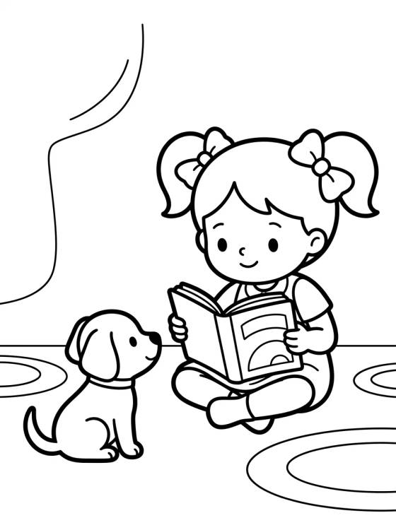 Desenho de Girl Reading to her Puppy para colorir e imprimir grátis