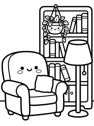 Desenho de Cozy Armchair and Bookshelf para colorir e imprimir grátis