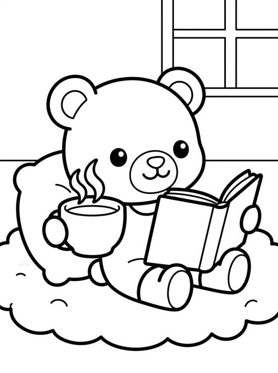 Desenho de Teddy Bear Reading and Tea Time para colorir e imprimir grátis
