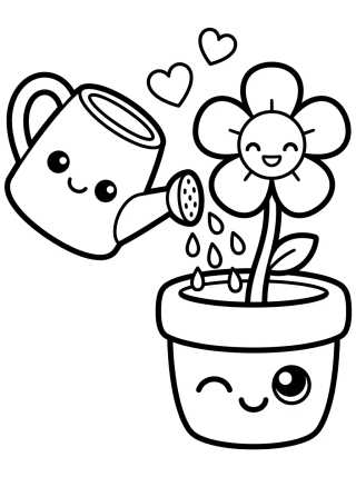 Desenho de Friendly Watering Can and Flower Pot para colorir e imprimir grátis